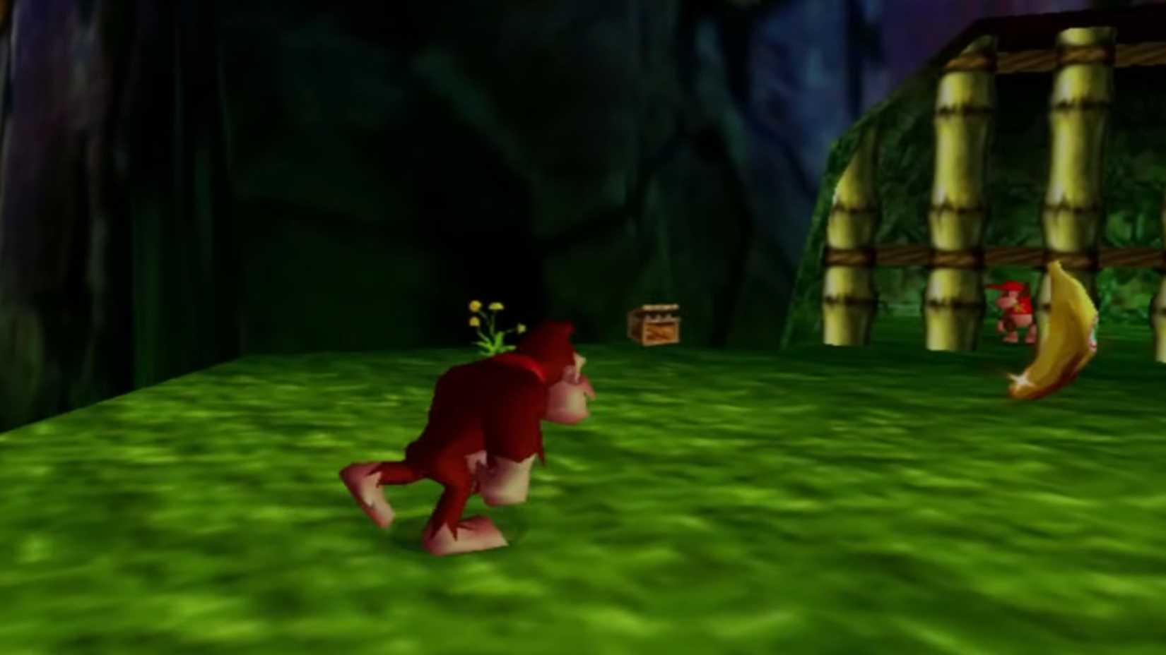 A screenshot of DK going after a Gold banana in Donkey Kong 64