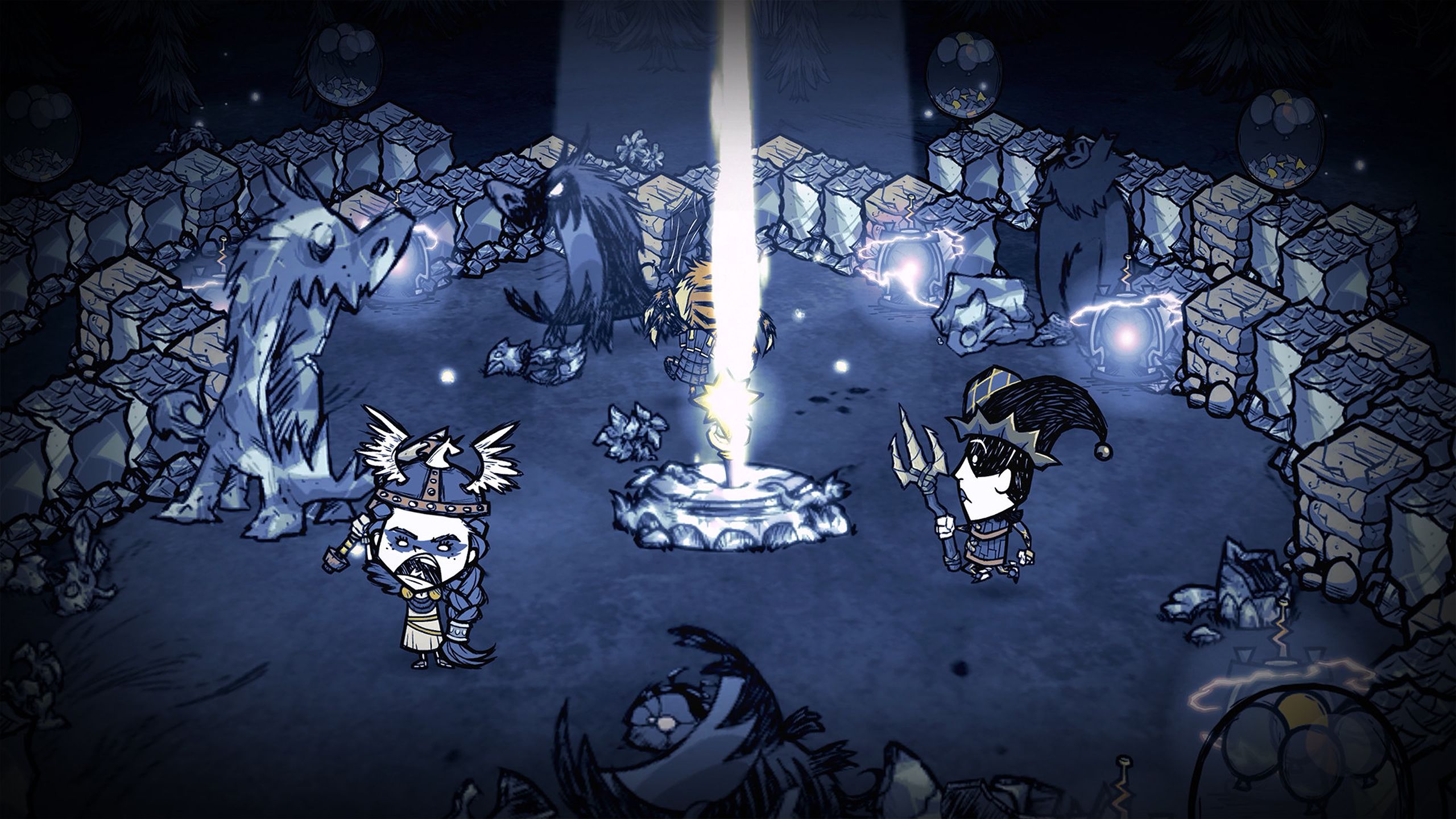 Camping at night in Don't Starve Together.