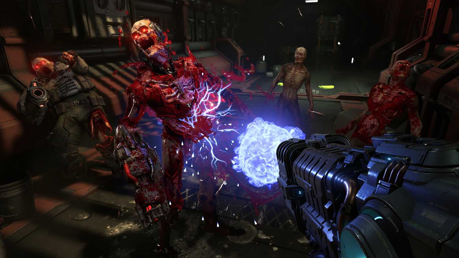 Shooting a zombie with a plasma rifle in Doom Eternal.