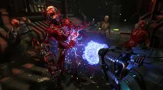 Shooting a zombie with a plasma rifle in Doom Eternal.