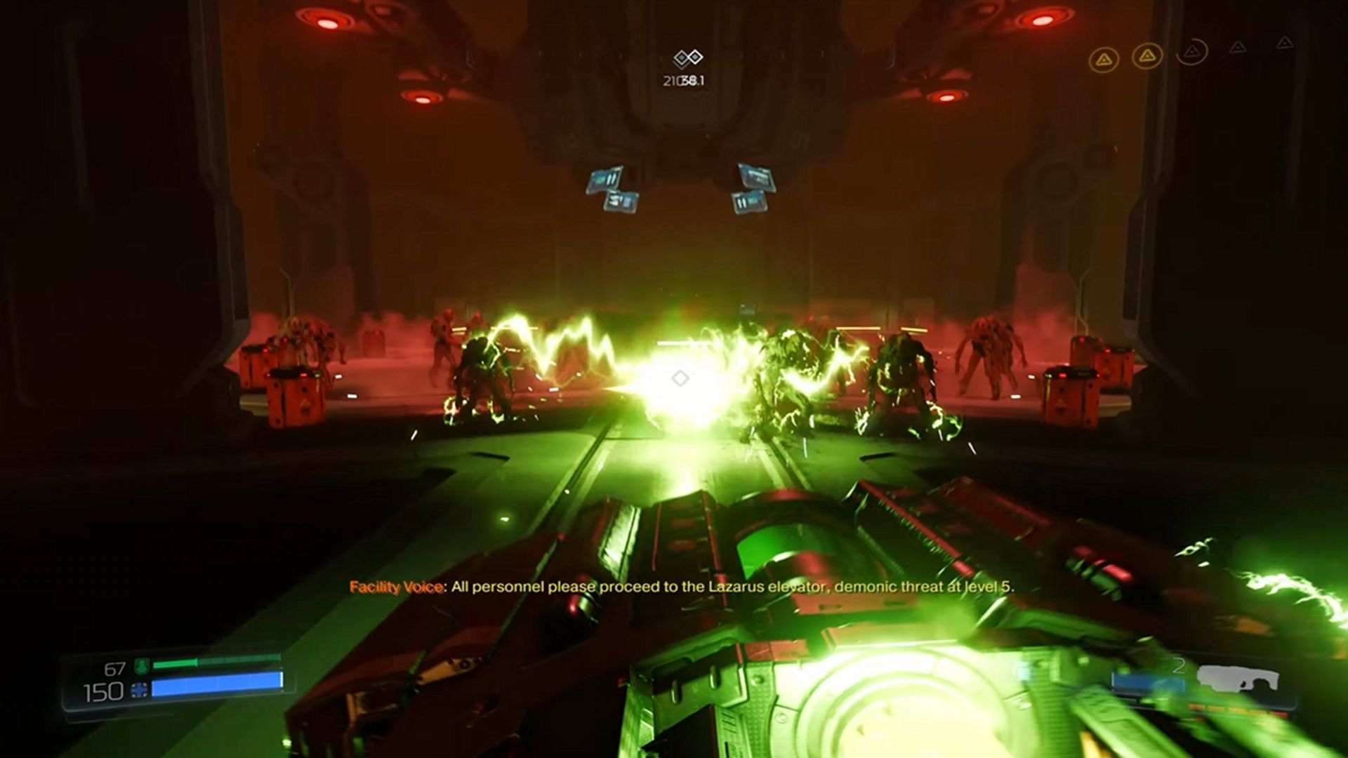 A screenshot of the BFG 9000 being used in Doom 2016