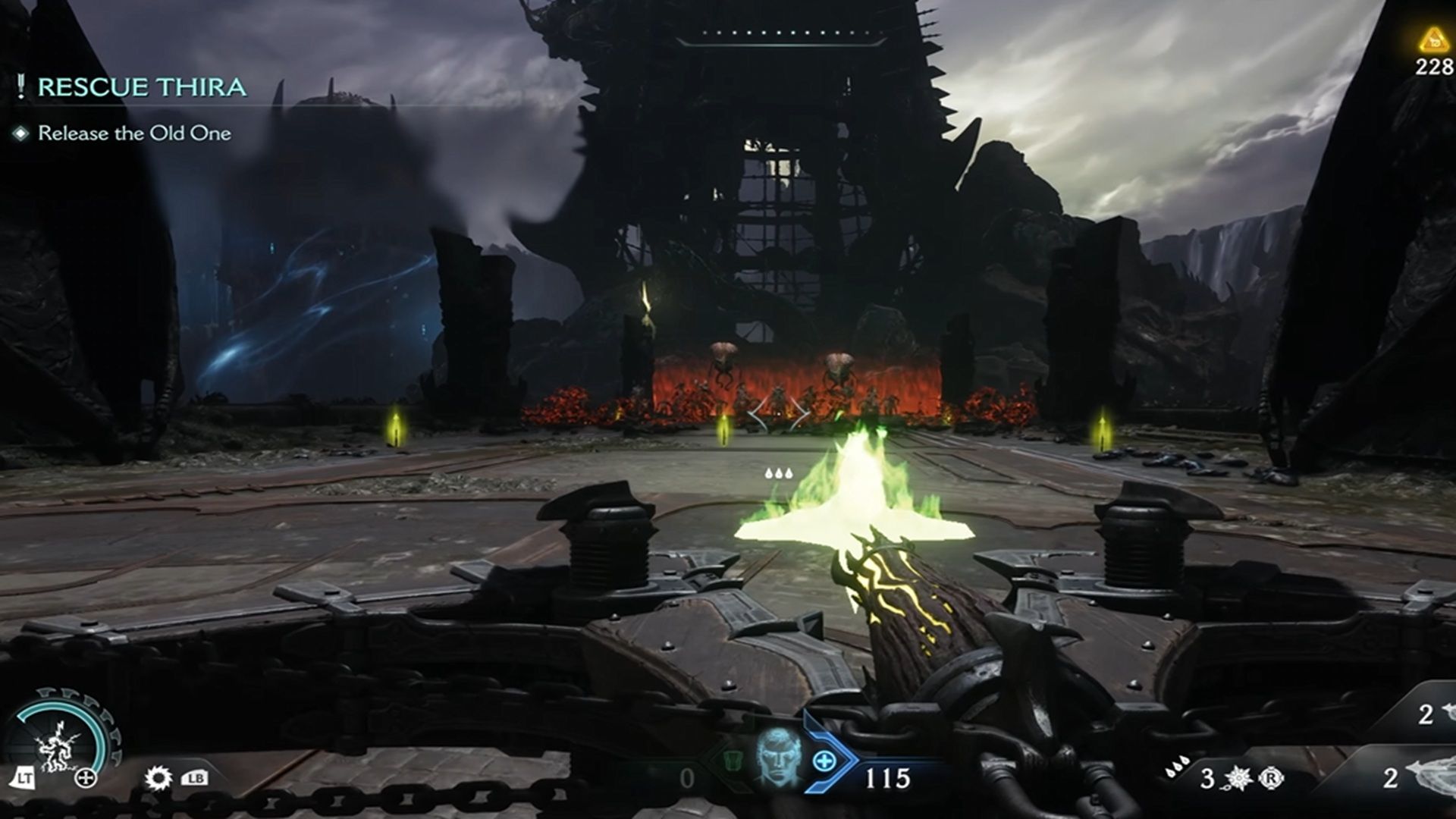 A screenshot of the BFG Crossbow being used in Doom The Dark Ages