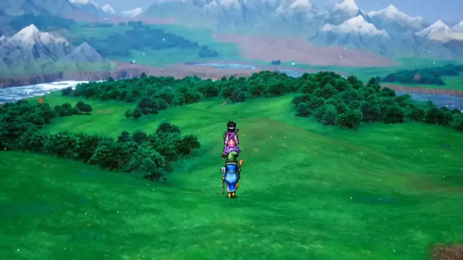 A screenshot of gameplay exploring the world map in Dragon Quest III HD-2D Remake
