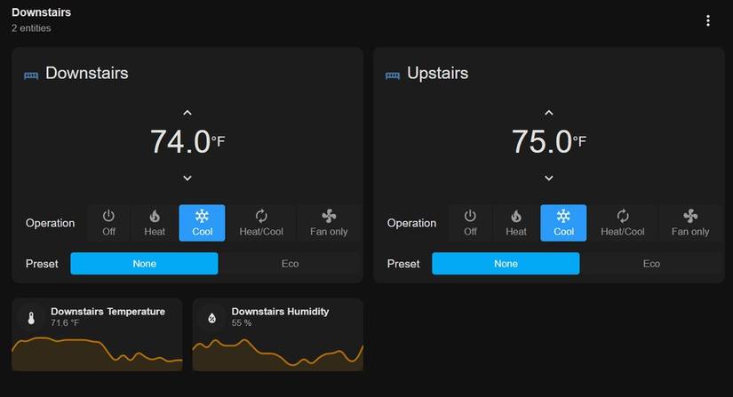 A screenshot of simple thermostat cards in Dwain's Lovelace Dashboard