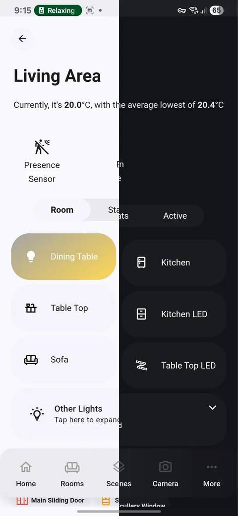 A light/dark mode screenshot overlay of ElementZoom's Mobile HA dashboard showing living area device controls