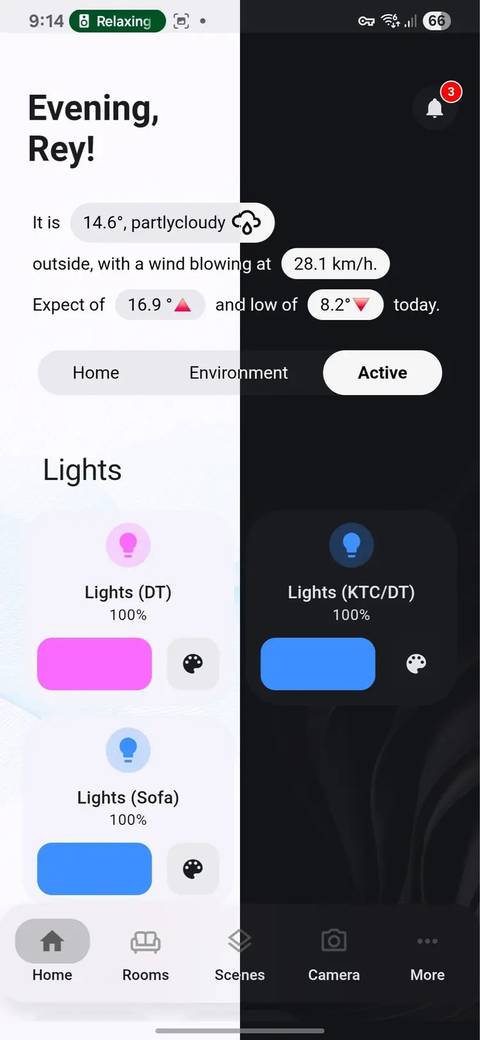 A light/dark mode screenshot overlay of ElementZoom's Mobile HA dashboard showing light controls
