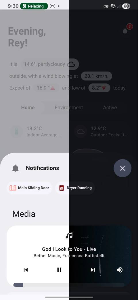 A light/dark mode screenshot overlay of ElementZoom's Mobile HA dashboard showing a media control card