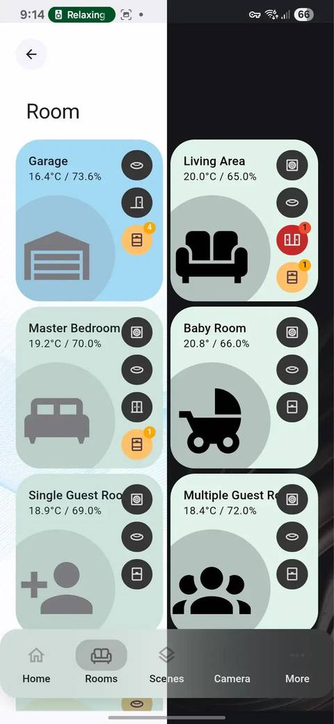 A light/dark mode screenshot overlay of ElementZoom's Mobile HA dashboard showing room crontrol cards