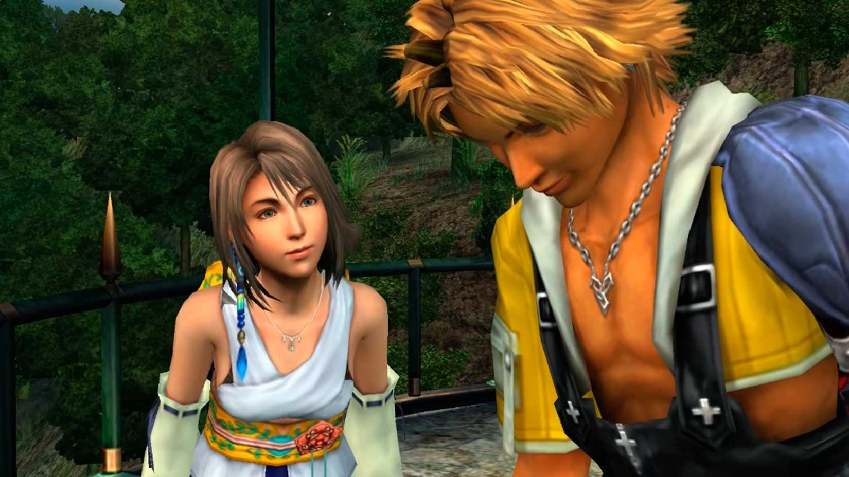 A screenshot of gameplay during the Tidus Laugh cutscene in Final Fantasy X.