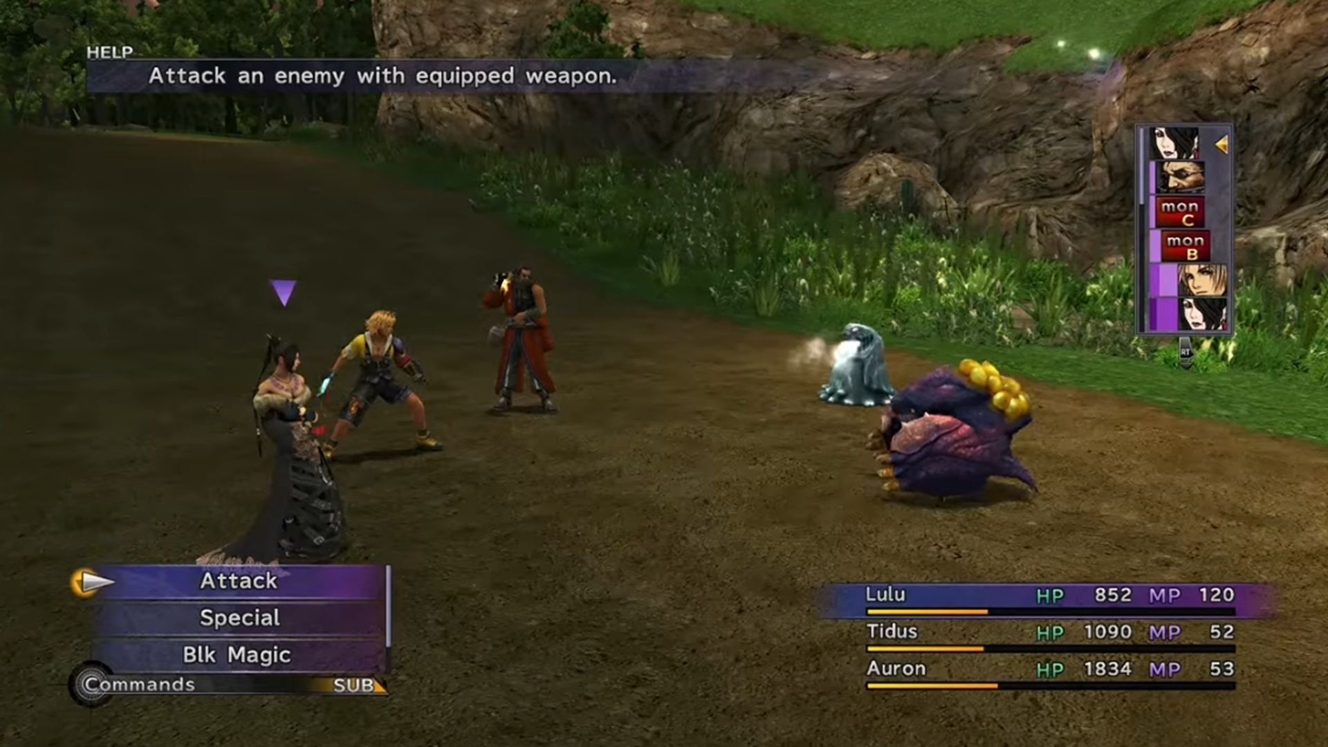 A screenshot of combat during gameplay from Final Fantasy X