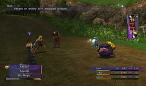 A screenshot of combat during gameplay from Final Fantasy X