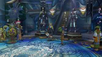 A screenshot of Tidus at a temple during gameplay from Final Fantasy X