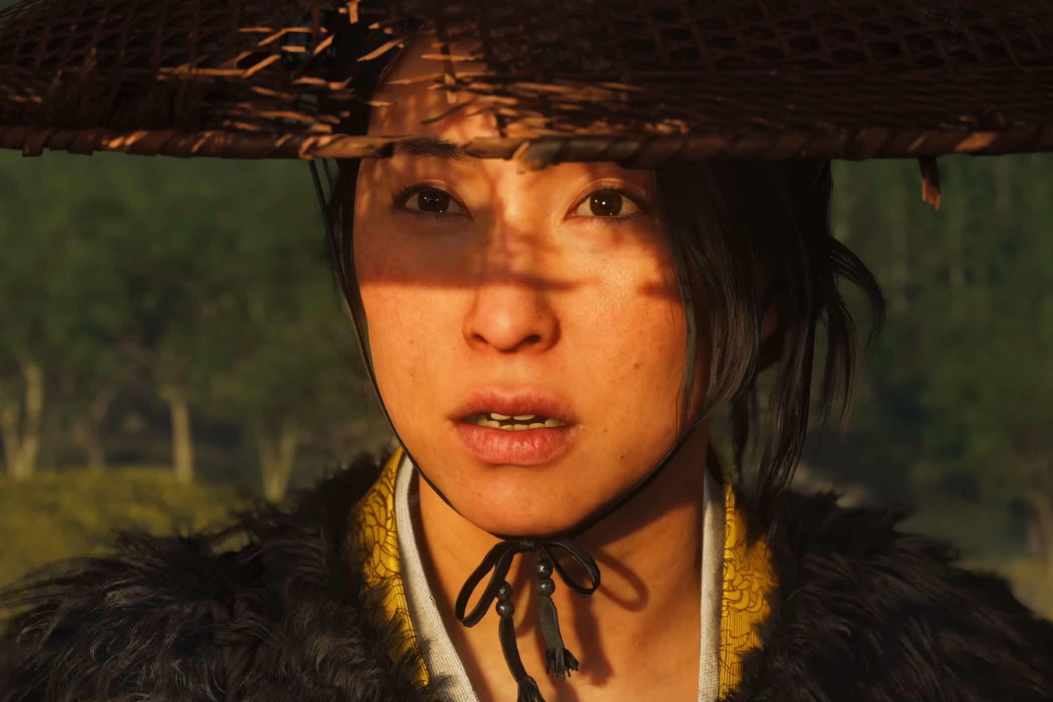 A screenshot from Ghost of Yotei, showing Atsu, the protagonist.