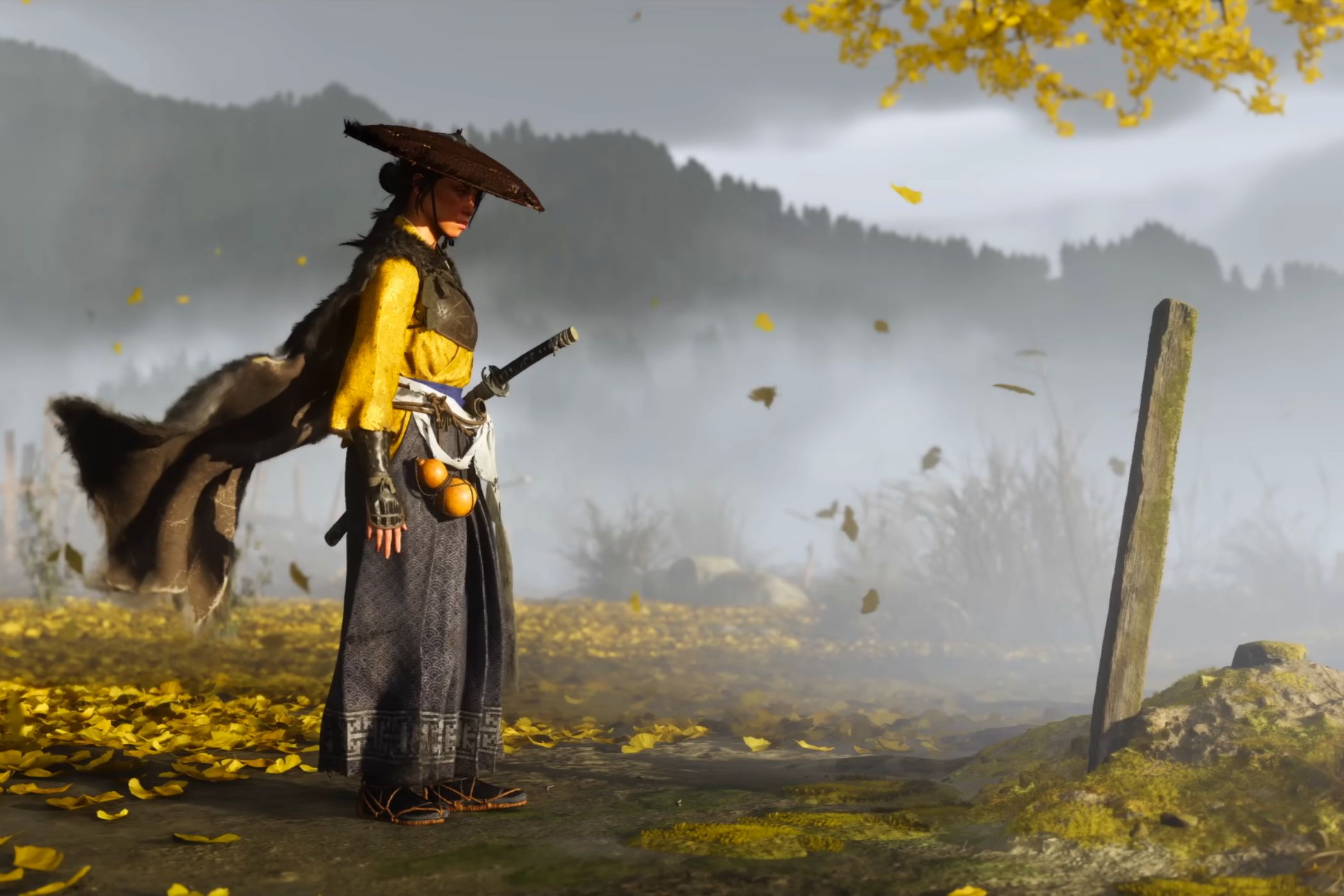 A screenshot from Ghost of Yotei, showing Atsu returning to her village.