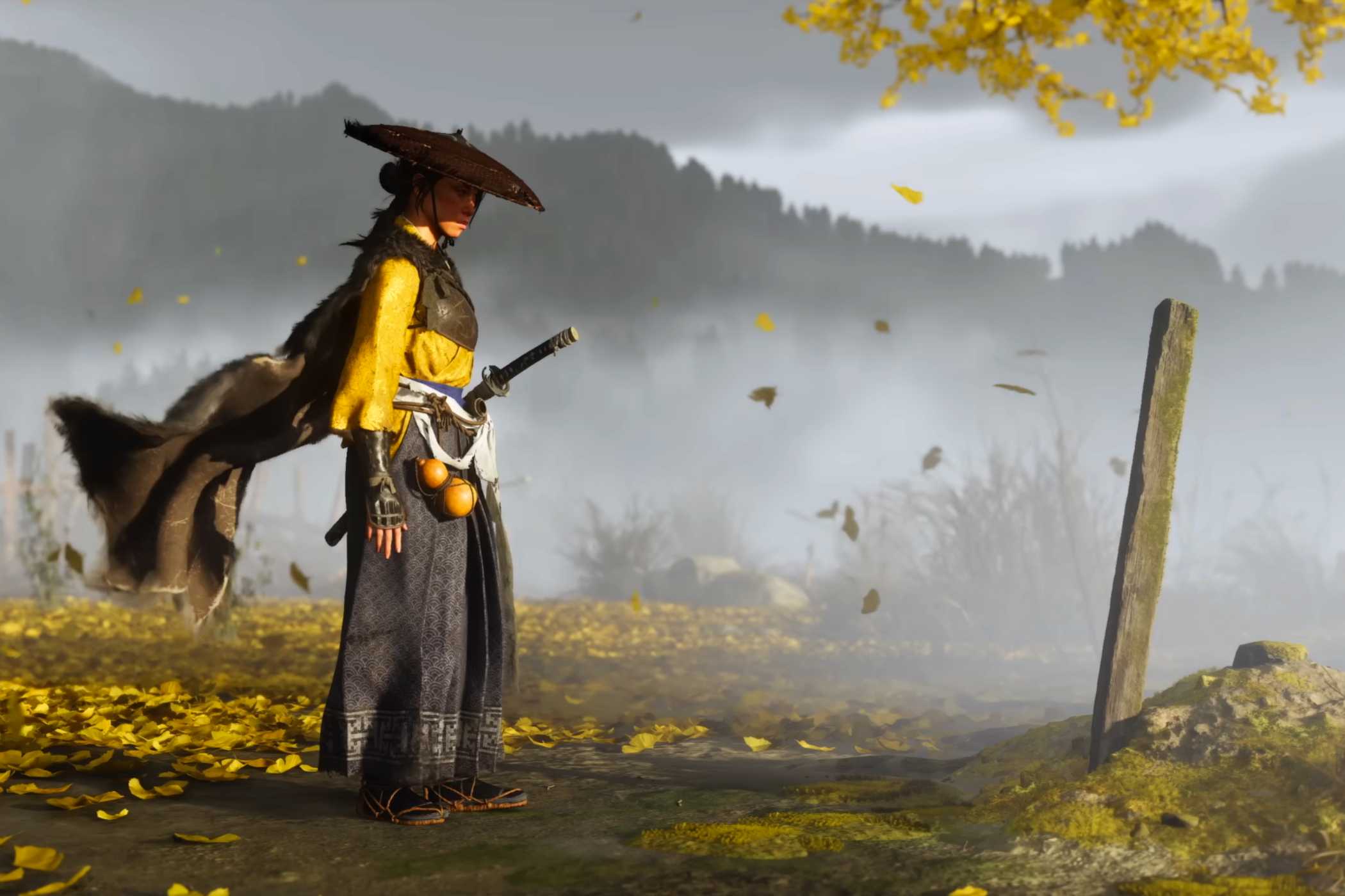 A screenshot from Ghost of Yotei, showing Atsu returning to her village.