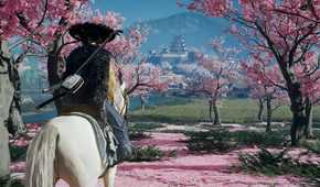 An image from Ghost of Yotei, showing Atsu among cherry blossoms.