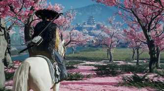 An image from Ghost of Yotei, showing Atsu among cherry blossoms.