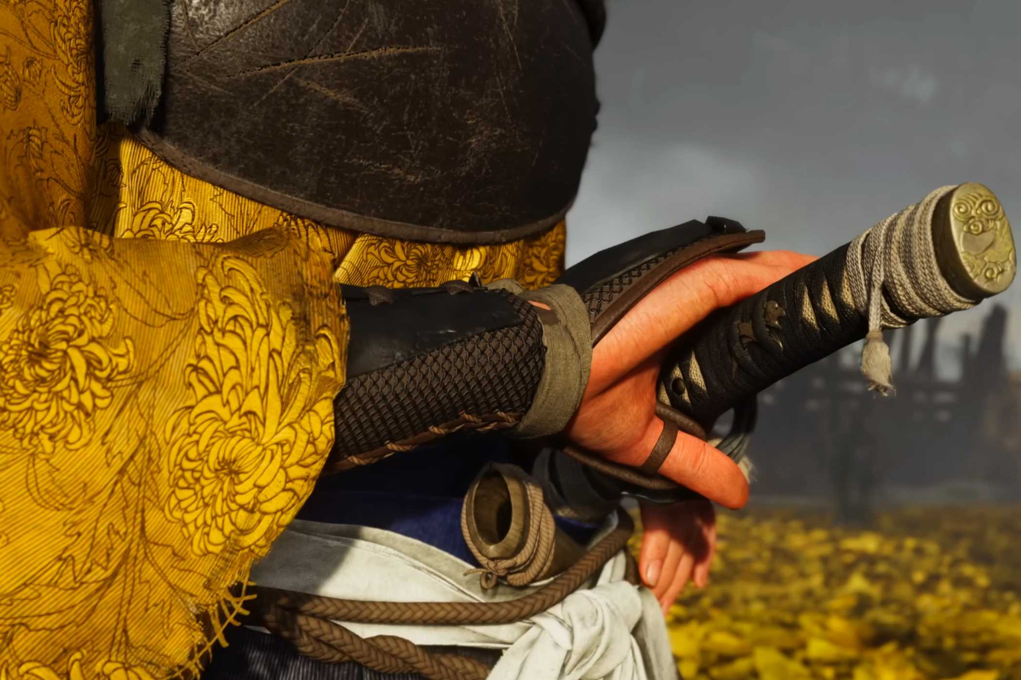 A screenshot from Ghost of Yotei, showing Atsu sheathing her Katana.