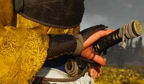 A screenshot from Ghost of Yotei, showing Atsu sheathing her Katana.