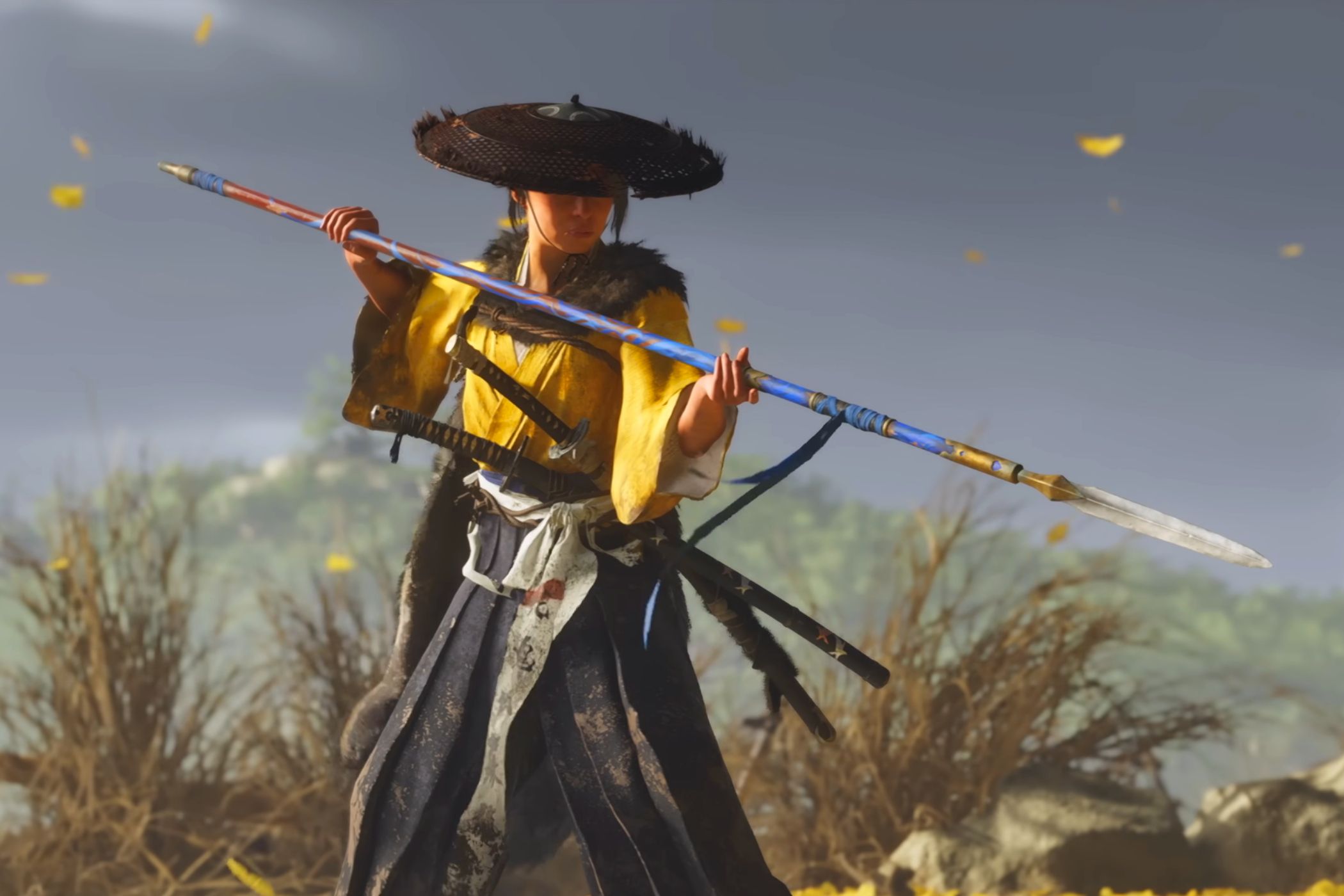A screenshot from Ghost of Yotei, showing Atsu holding a spear.
