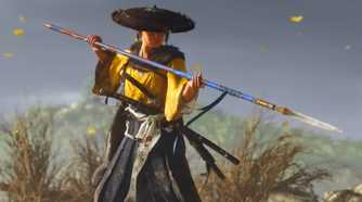 A screenshot from Ghost of Yotei, showing Atsu holding a spear.