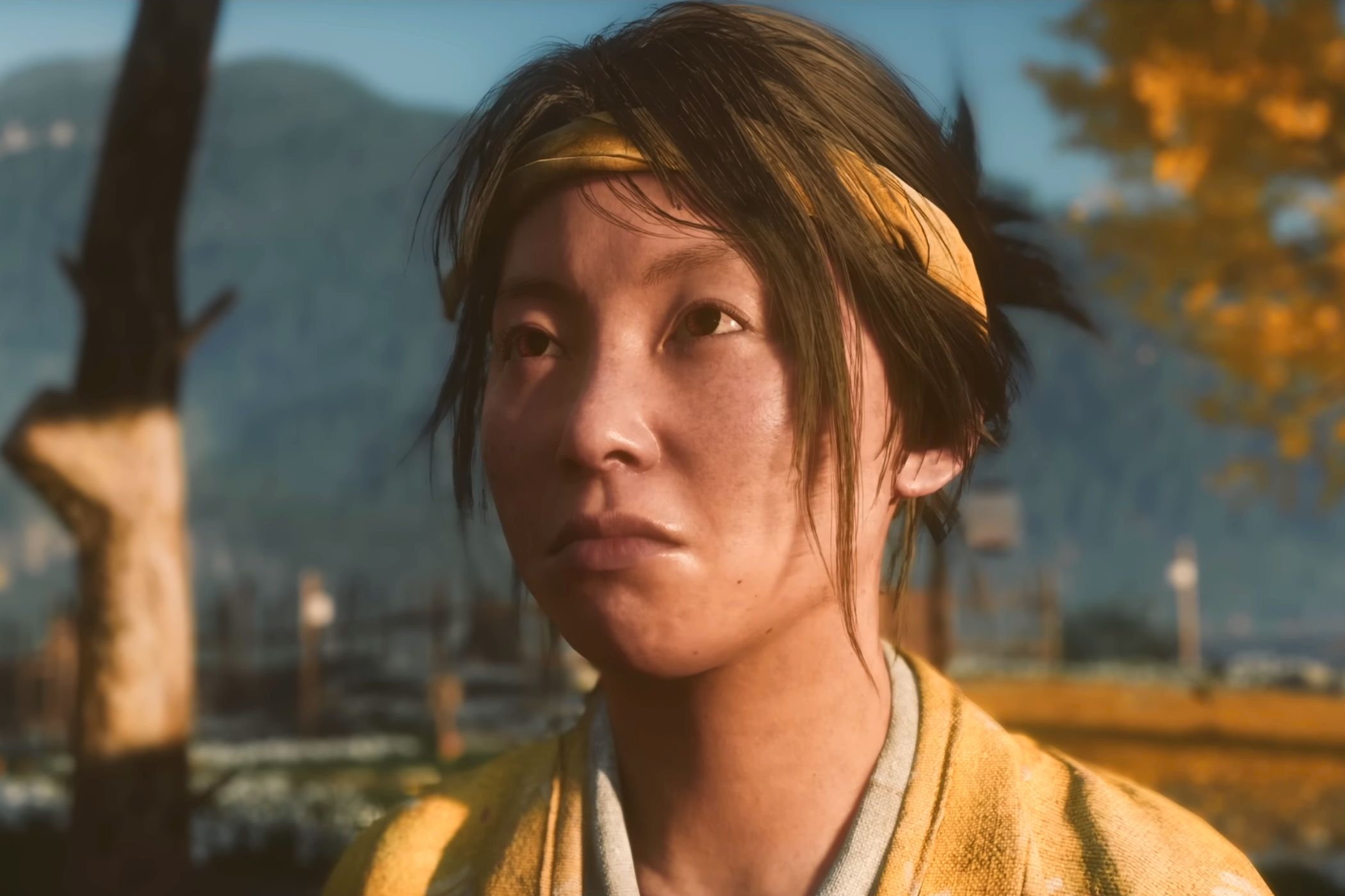 A screenshot from Ghost of Yotei, showing a young Atsu.
