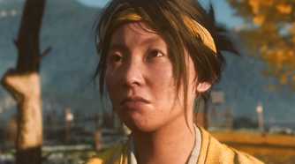A screenshot from Ghost of Yotei, showing a young Atsu.