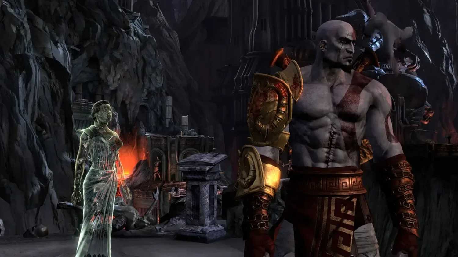 A screenshot of Kratos talking to Athena in God of War III