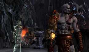 A screenshot of Kratos talking to Athena in God of War III