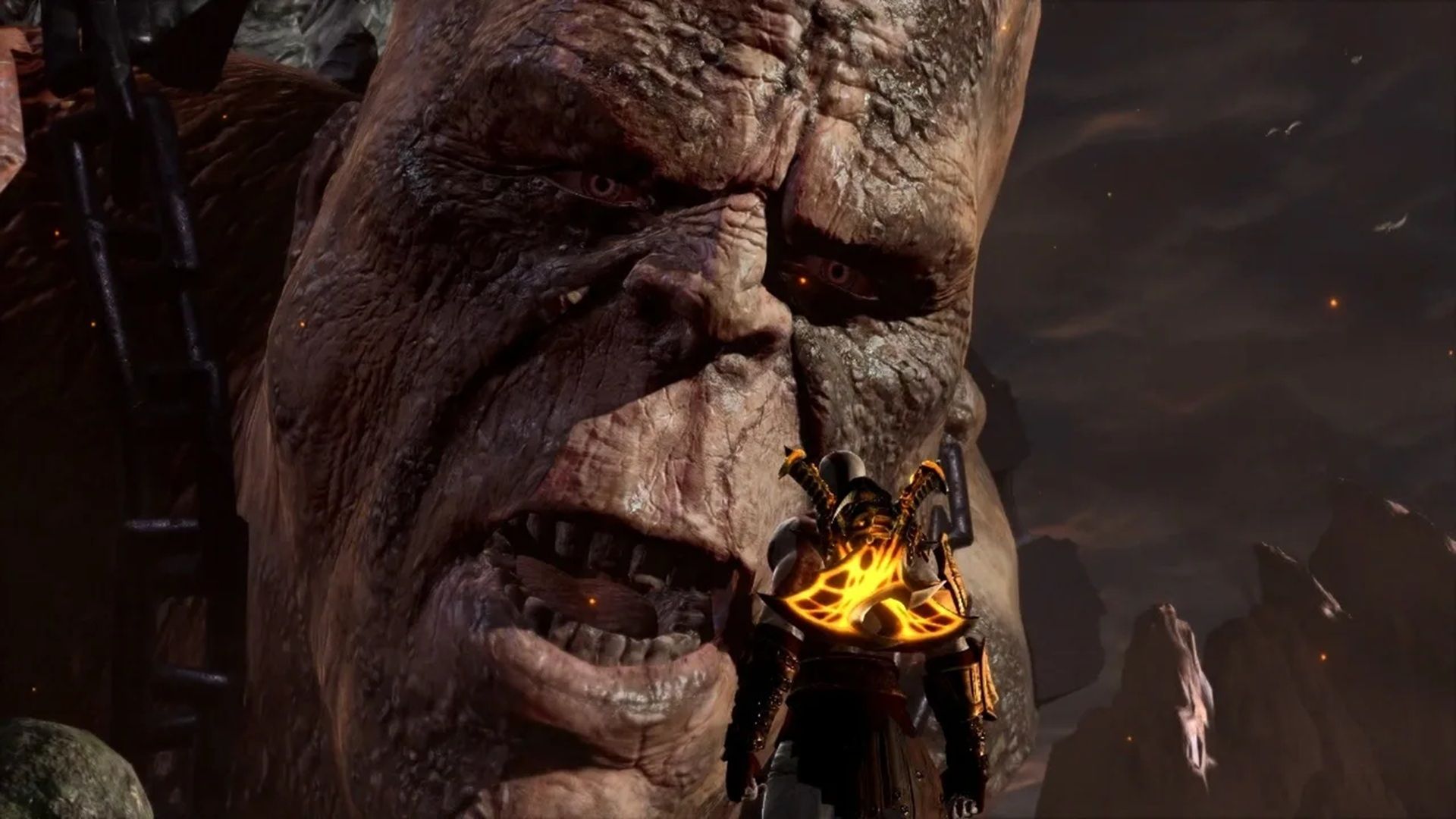 A screenshot Kratos talking to Chronos in God of War III