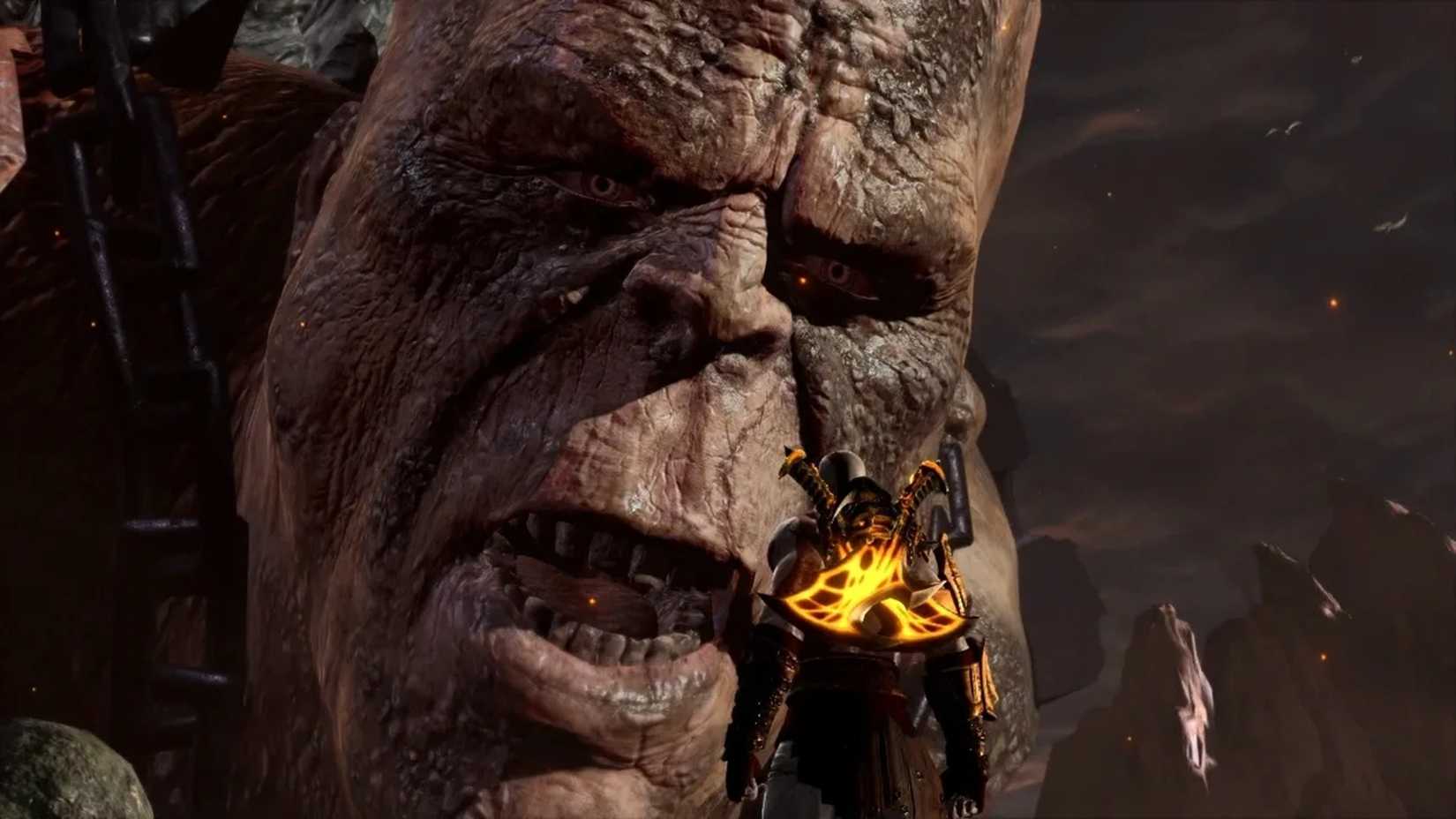 A screenshot Kratos talking to Chronos in God of War III