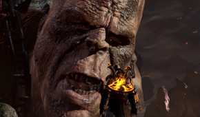 A screenshot Kratos talking to Chronos in God of War III