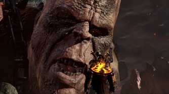 A screenshot Kratos talking to Chronos in God of War III