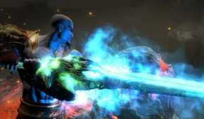 A screenshot of Kratos using a sword on a titan in God of War III