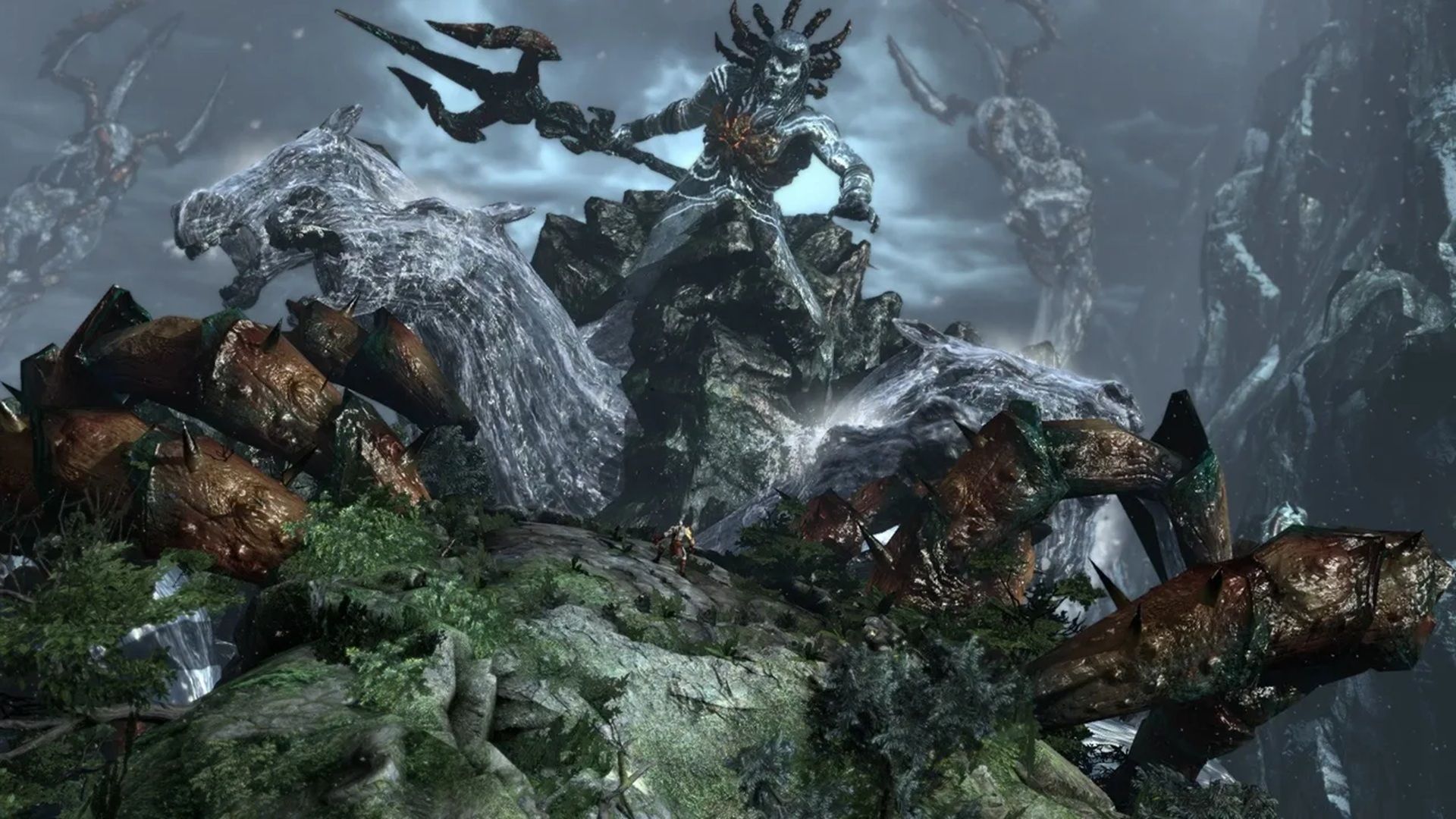 A screenshot of Kratos fighting Posideon in God of War III