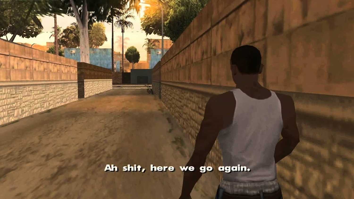 A screenshot of gameplay with CJ talking in Grand Theft Auto San Andreas