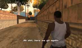 A screenshot of gameplay with CJ talking in Grand Theft Auto San Andreas