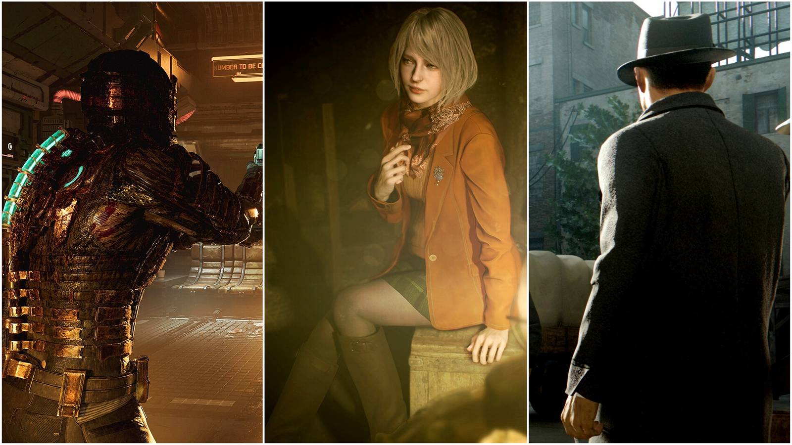 Three-image collage of Isaac Clarke, Ashley Graham, and Tommy Angelo from Dead Space, Resident Evil 4, and Mafia, respectively.