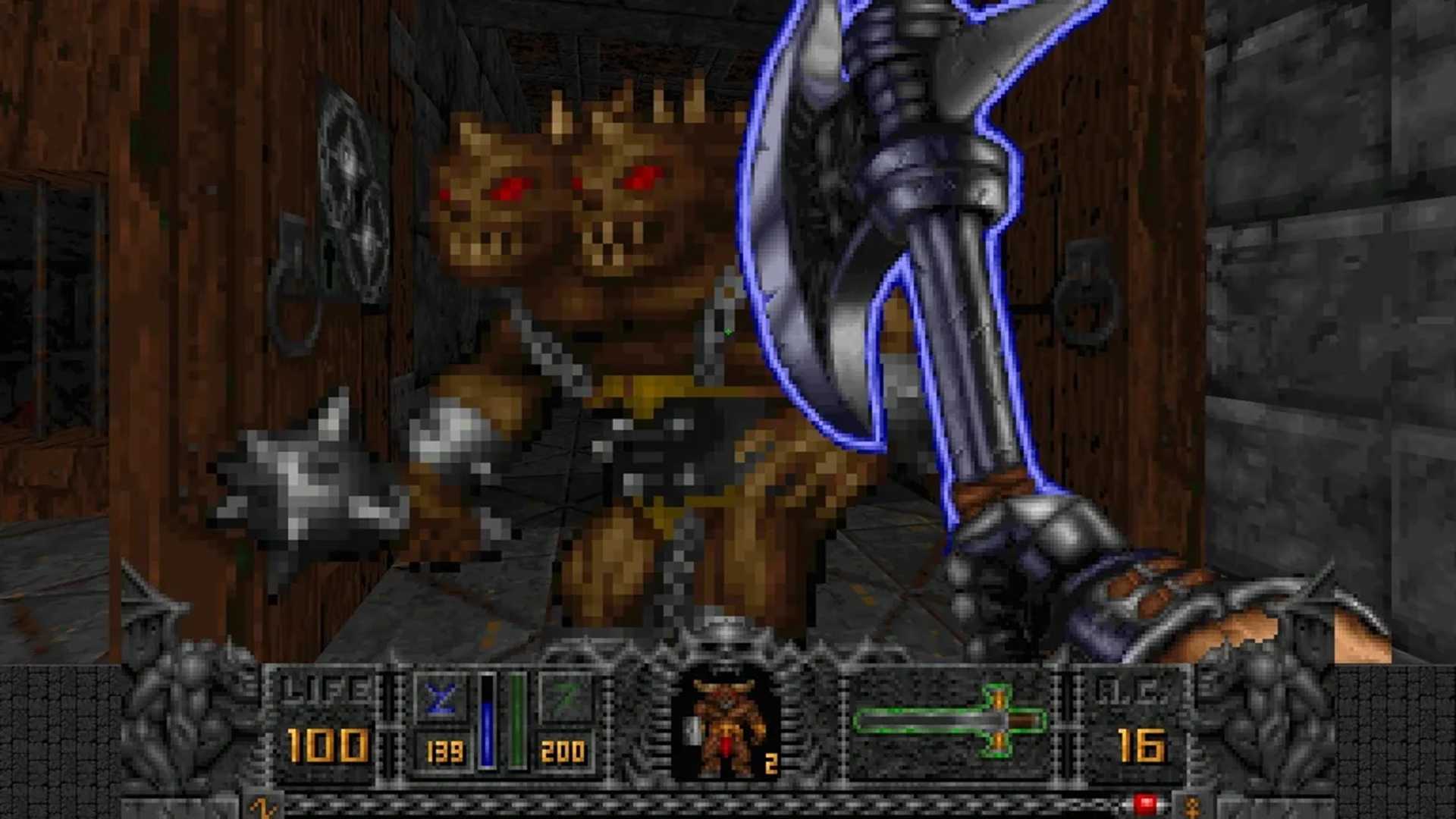 A screenshot of the Warrior fighting monsters in gameplay from Hexen: Beyond Heretic