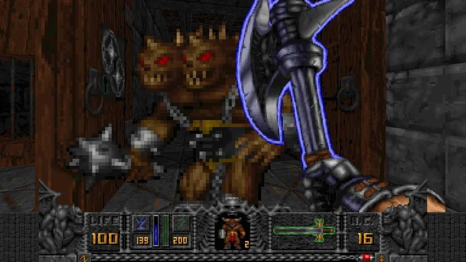A screenshot of the Warrior fighting monsters in gameplay from Hexen: Beyond Heretic