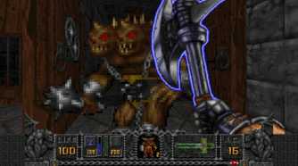 A screenshot of the Warrior fighting monsters in gameplay from Hexen: Beyond Heretic