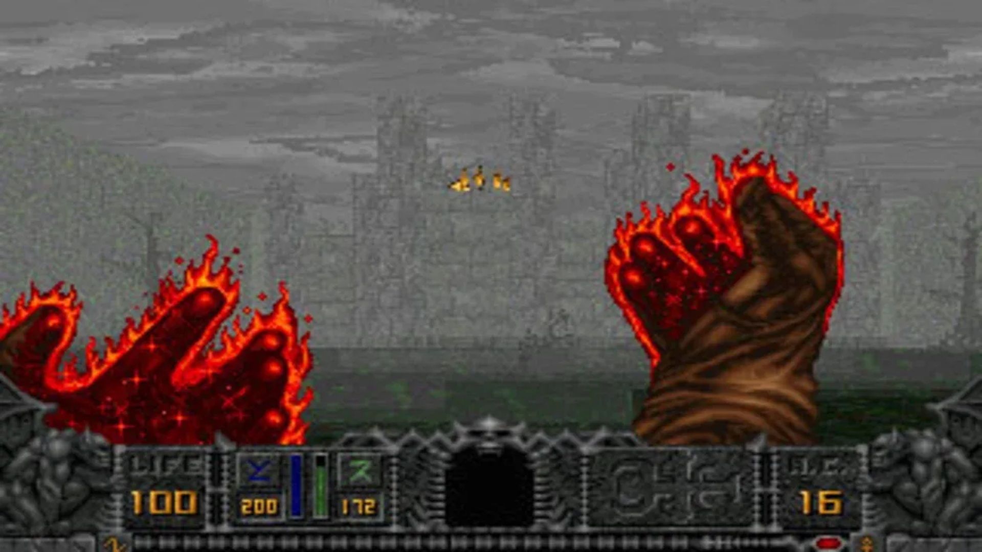 A screenshot of the Cleric shooting fire magic in Hexen: Beyond Heretic