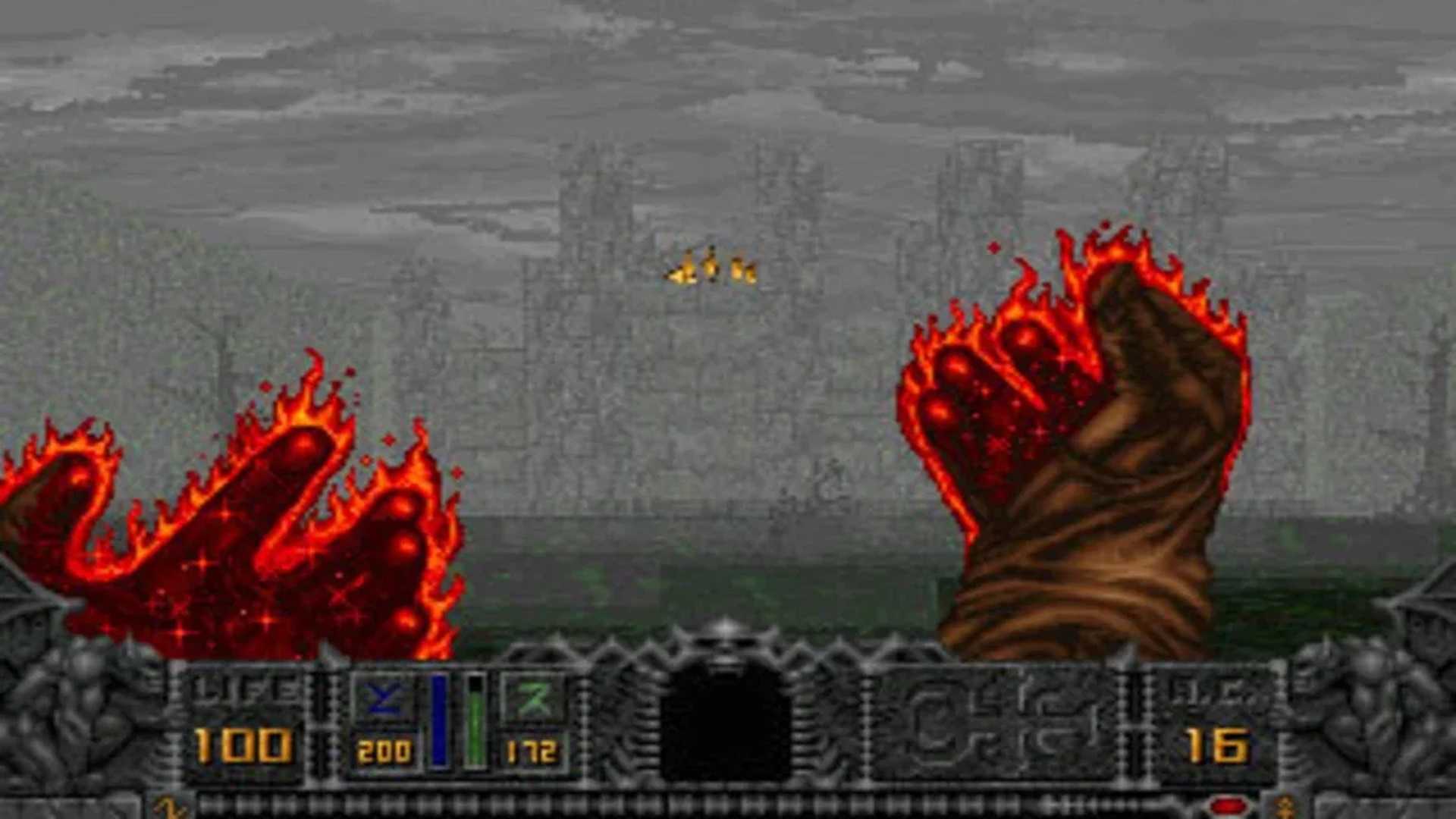 A screenshot of the Cleric shooting fire magic in Hexen: Beyond Heretic