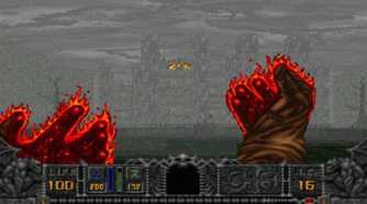 A screenshot of the Cleric shooting fire magic in Hexen: Beyond Heretic