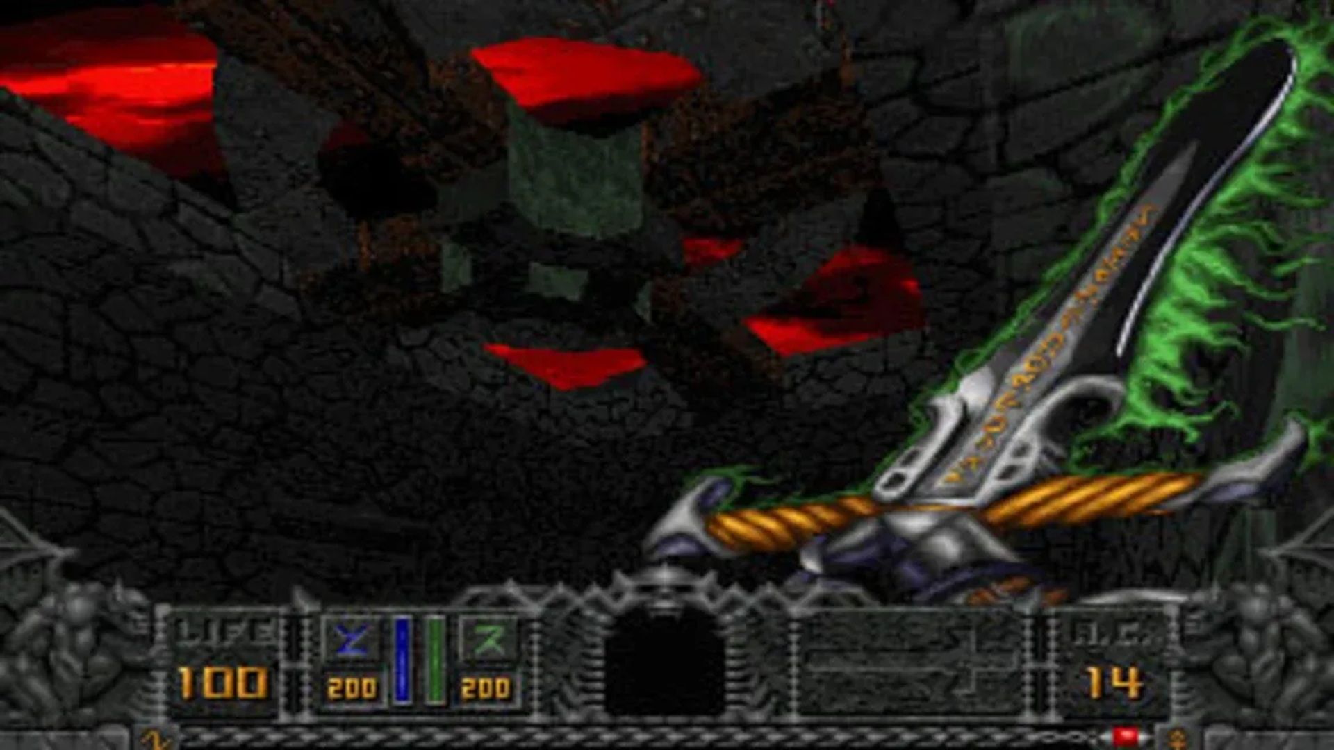 A screenshot of the Warrior exploring a stage in Hexen: Beyond Heretic