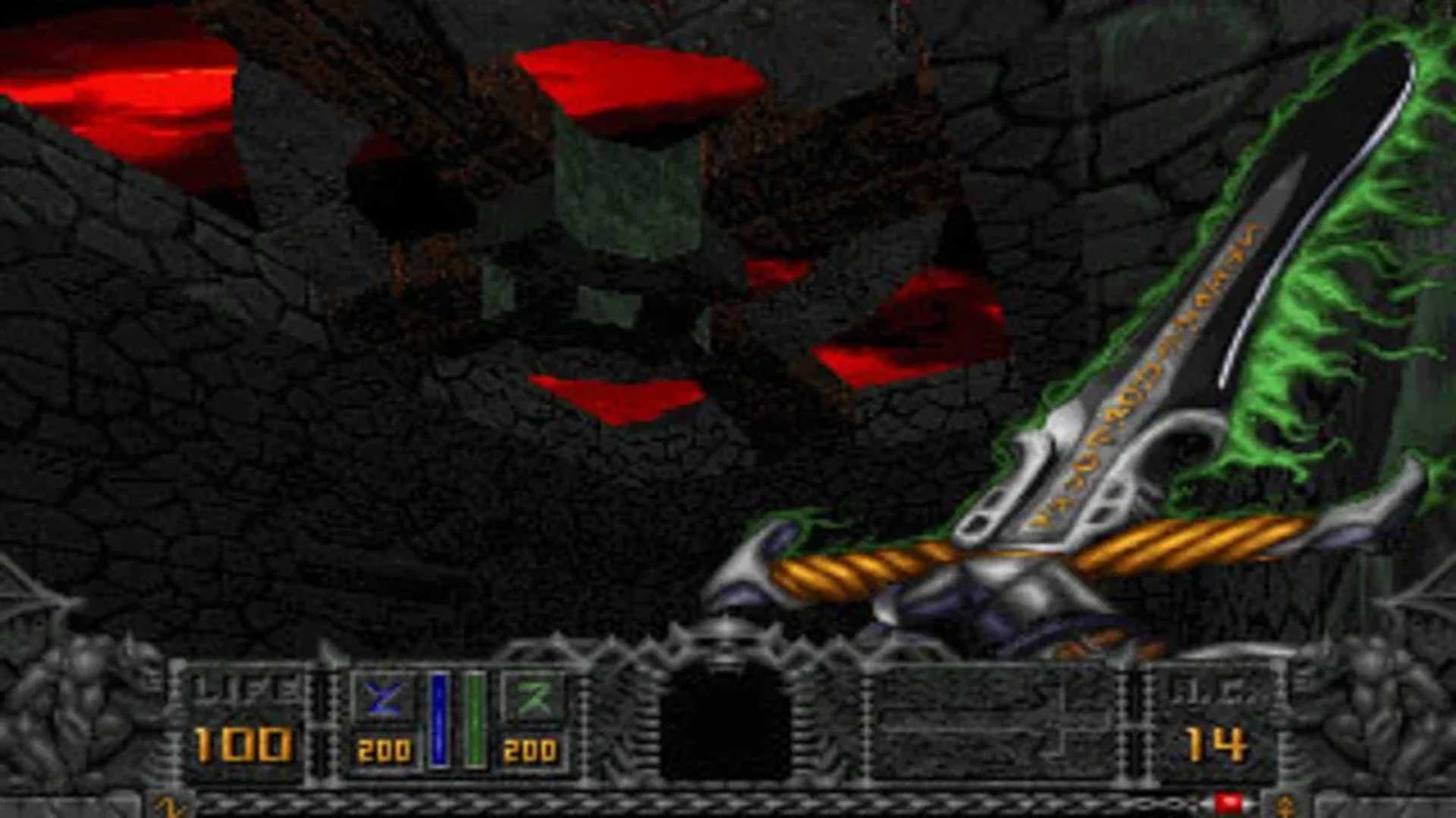 A screenshot of the Warrior exploring a stage in Hexen: Beyond Heretic