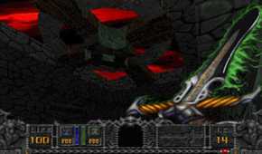A screenshot of the Warrior exploring a stage in Hexen: Beyond Heretic