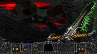 A screenshot of the Warrior exploring a stage in Hexen: Beyond Heretic