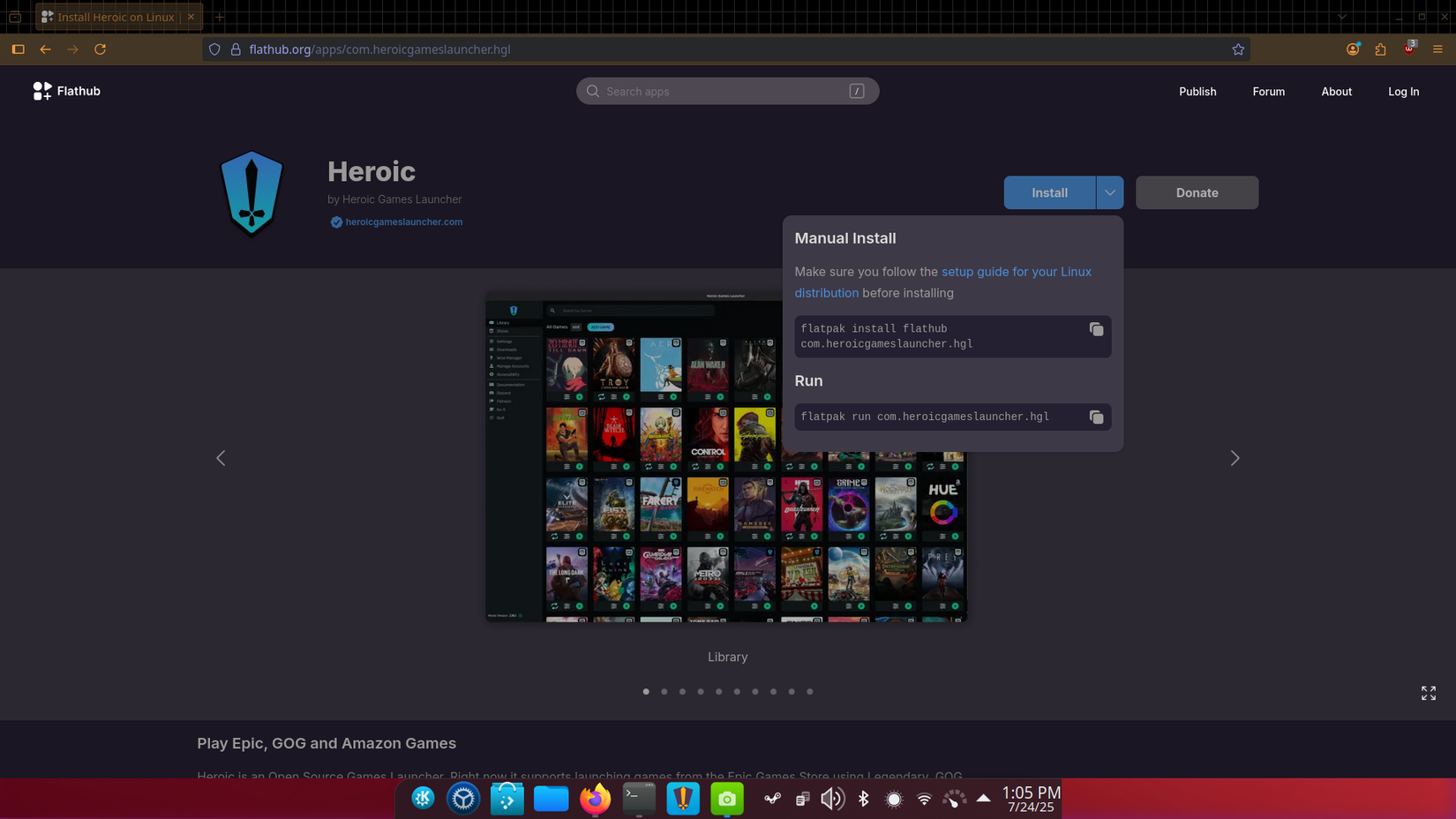 Screenshot of the Flathub download page for the Heroic Games launcher in Firefox on SteamOS