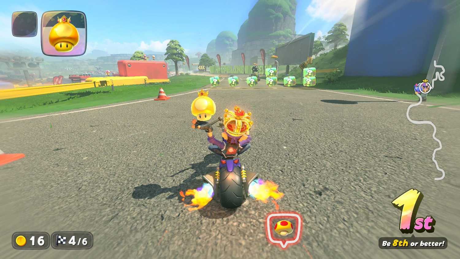 Mario Kart World Knockout Tour, Waluigi flying into first place with a golden mushroom
